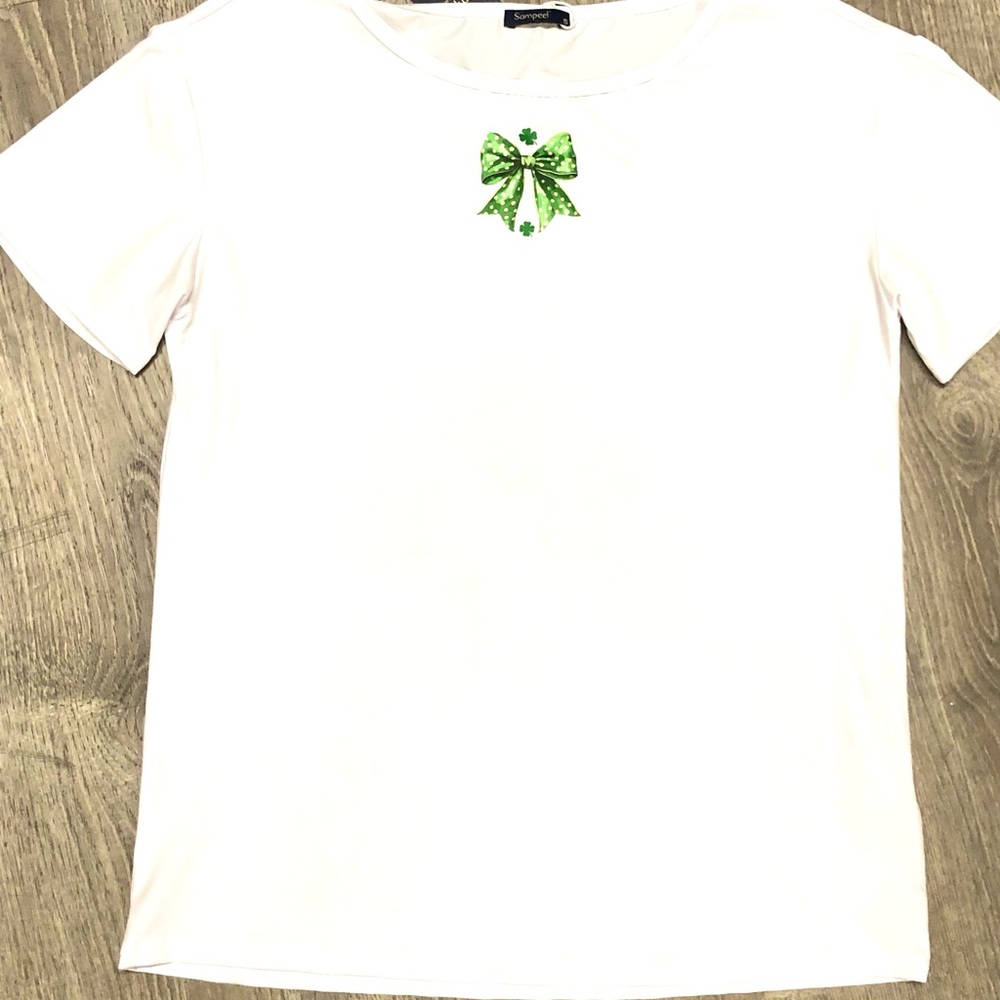 White T-Shirt with Green Bow Design and clovers